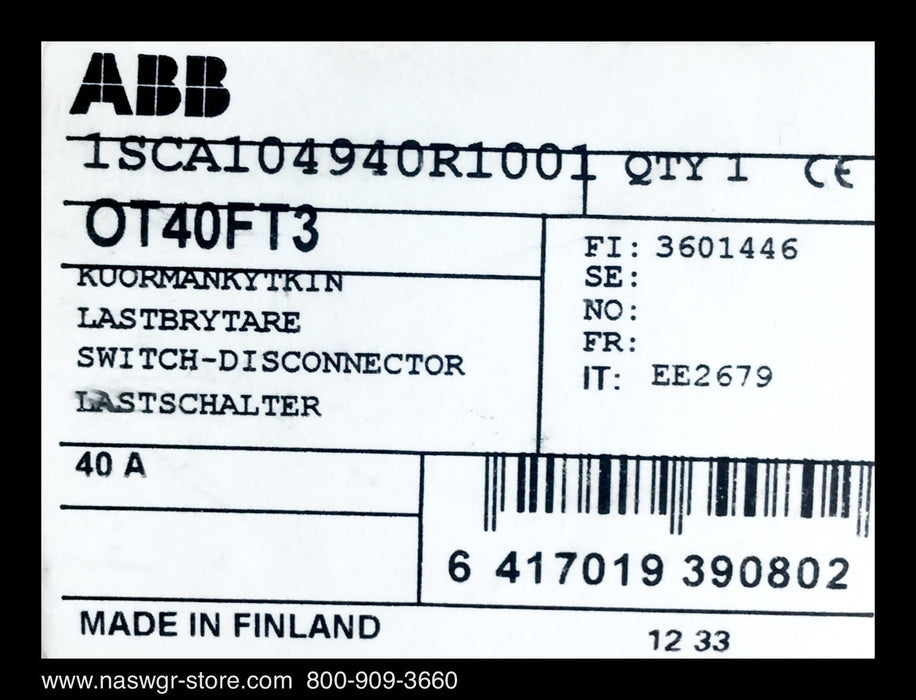 OT40FT3 ~ ABB OT40FT3 Switch Disconnector ~ Unused Surplus