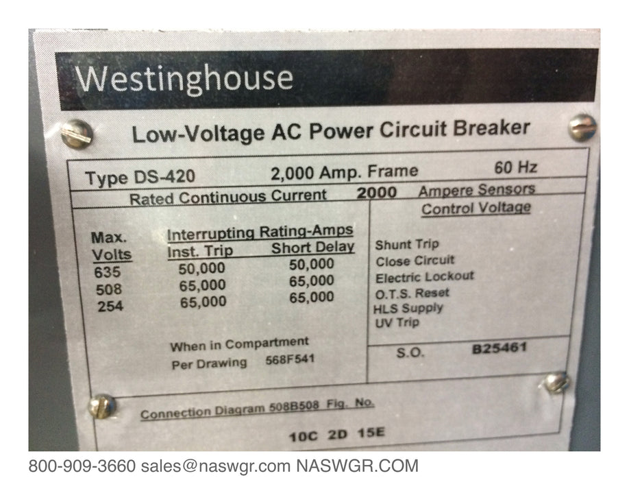 Westinghouse DS-420 Circuit Breaker, Manually Operated, Drawout, 2000A DS Circuit Breaker, Retrofitted with the solid state trip of your choice