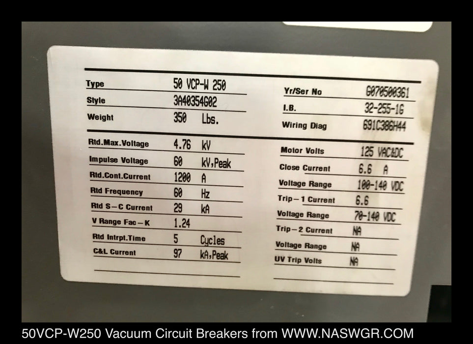 Eaton 50VCP-W250 Vacuum Circuit Breaker (E/O.D/O) - 1200 Amp