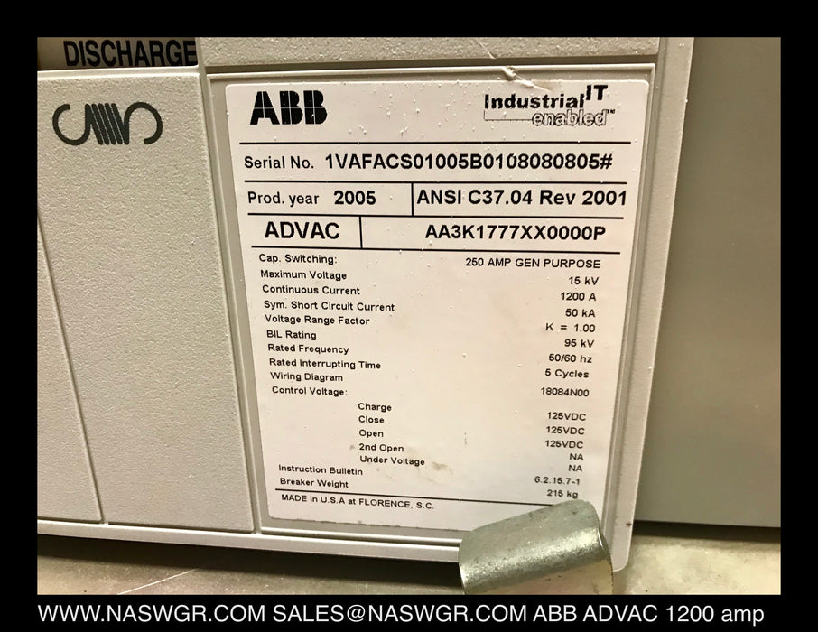 ABB ADVAC AA3K1777XX0000P Vacuum Circuit Breaker (E/O,D/O) - 1200 Amp