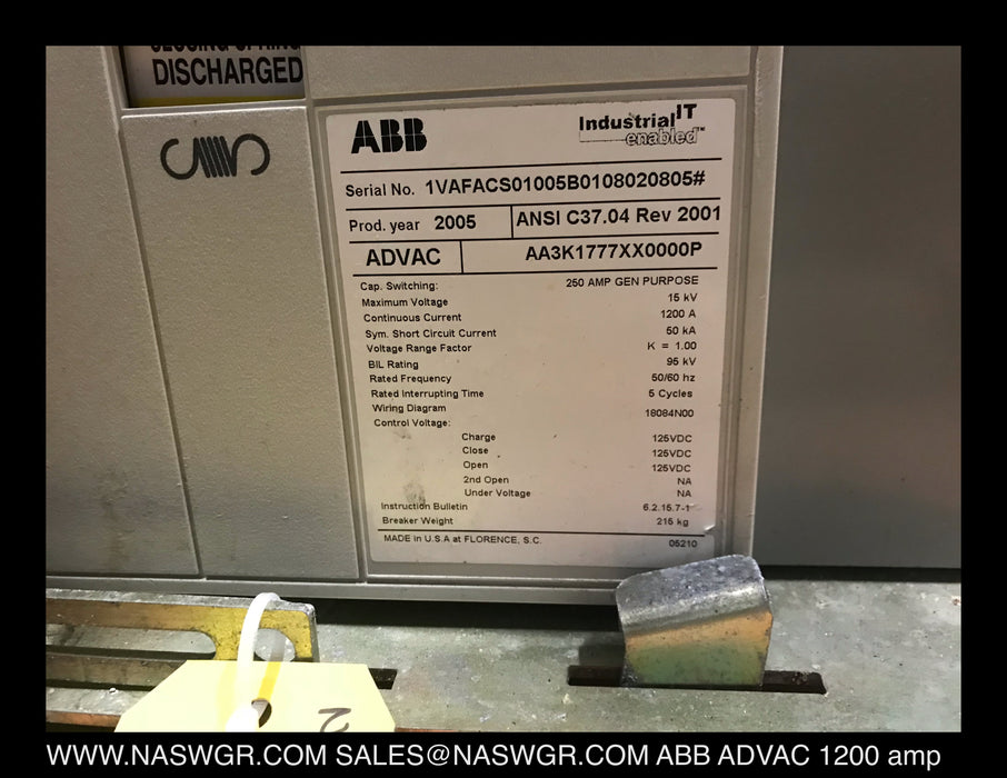 ABB ADVAC AA3K1777XX0000P Vacuum Circuit Breaker (E/O,D/O) - 1200 Amp