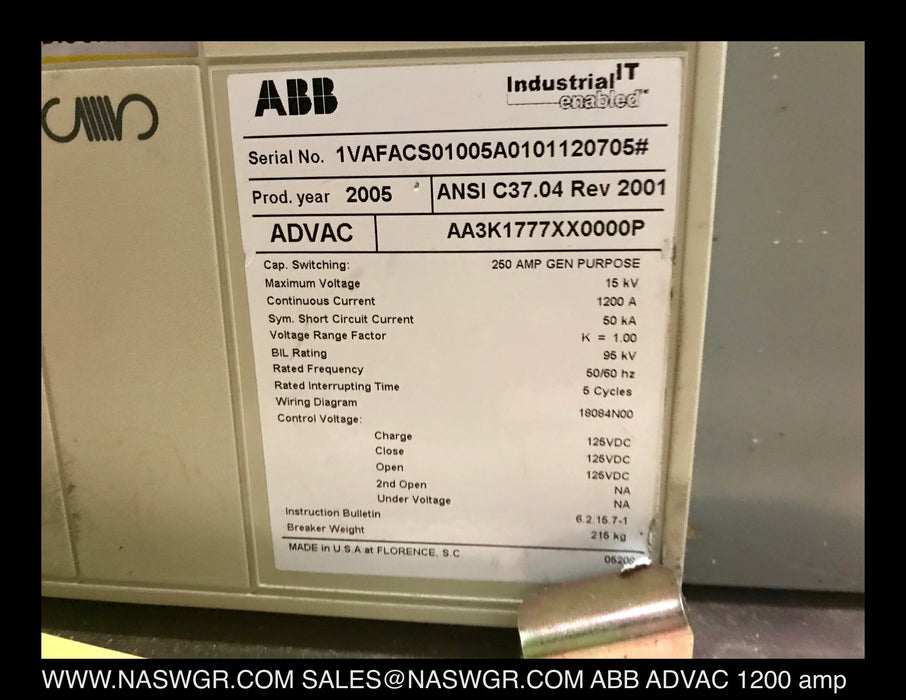 ABB ADVAC AA3K1777XX0000P Vacuum Circuit Breaker (E/O,D/O) - 1200 Amp
