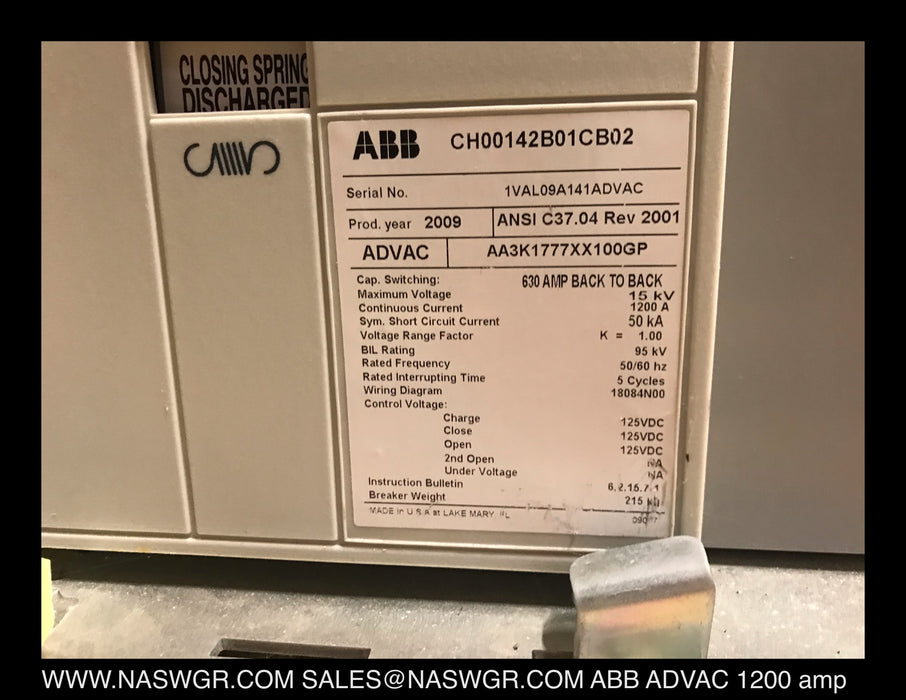ABB ADVAC AA3K1777XX0000P Vacuum Circuit Breaker (E/O,D/O) - 1200 Amp