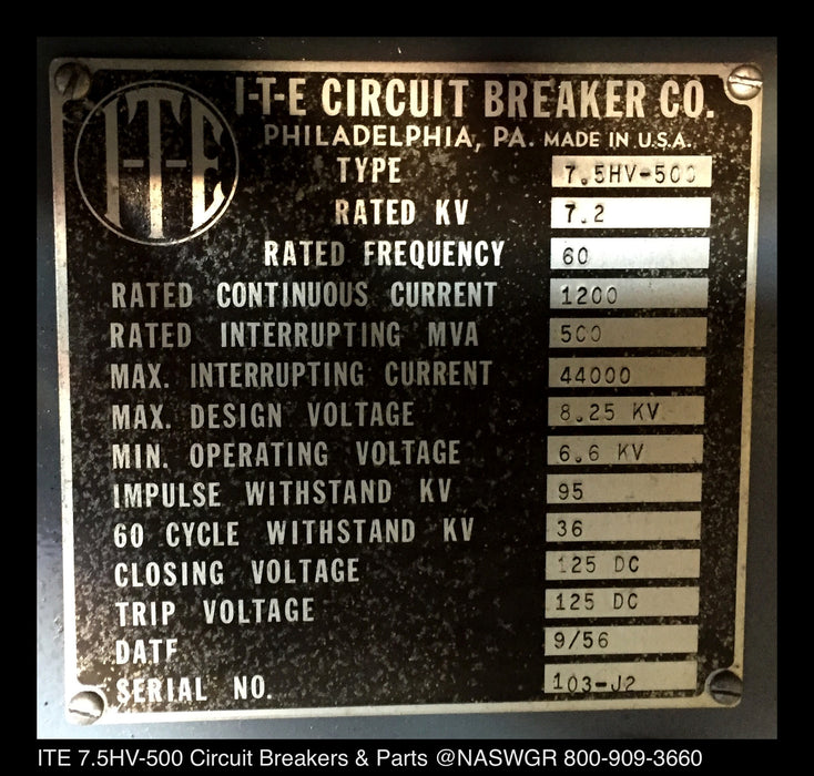 7.5HV-500 ~ ITE 7.5HV-500 Circuit Breaker ~ 1200 amp 7.5HV500 ~ IB-5615 ~ ITE 7.5 HV 500