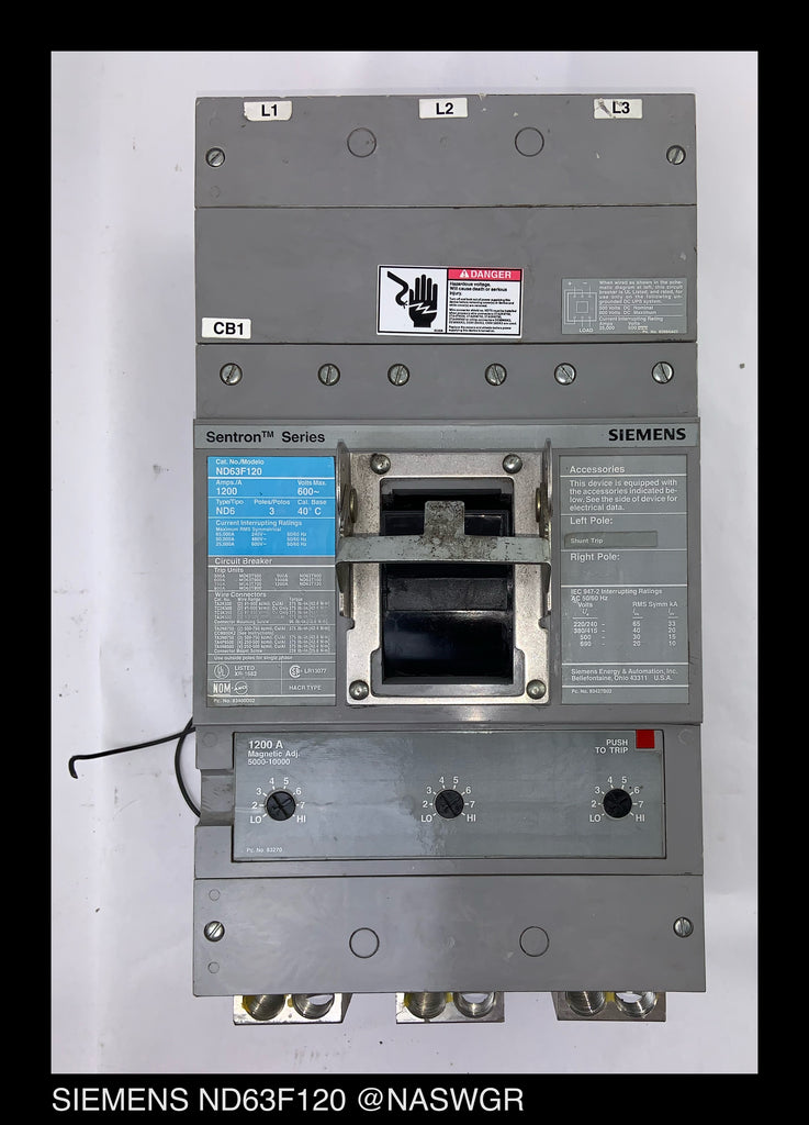 Siemens Sentron ND63F120 Circuit Breaker - 1200Amp/120v — North ...