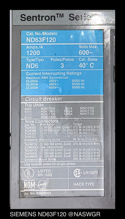 Siemens Sentron ND63F120  Circuit Breaker - 1200Amp/120v