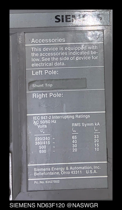 Siemens Sentron ND63F120  Circuit Breaker - 1200Amp/120v