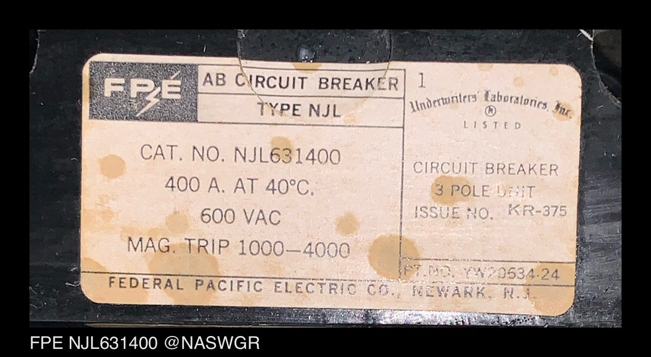 Federal Pacific NJL631400 Molded Case Circuit Breaker - 400 Amp