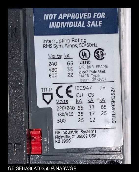 GE Spectra RMS SFHA36AT0250 Circuit Breaker ~ 200 Amp