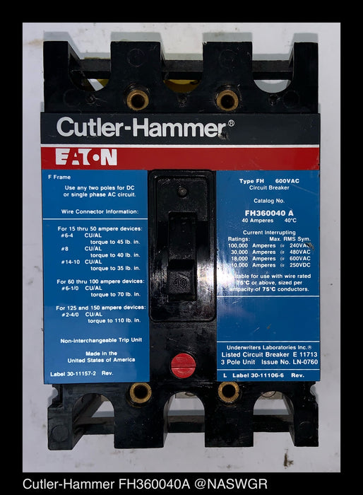 Cutler Hammer FH360040A Molded Case Circuit Breaker ~ 40 Amp