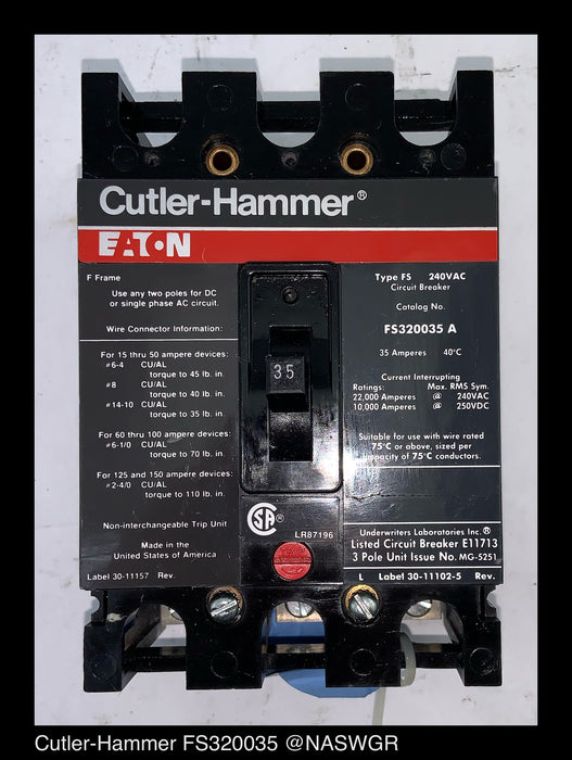 Cutler Hammer FS320035A Molded Case Circuit Breaker - 35 Amp