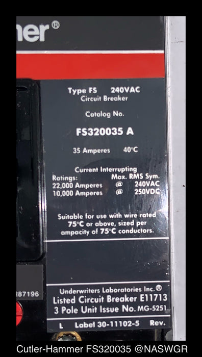 Cutler Hammer FS320035A Molded Case Circuit Breaker - 35 Amp