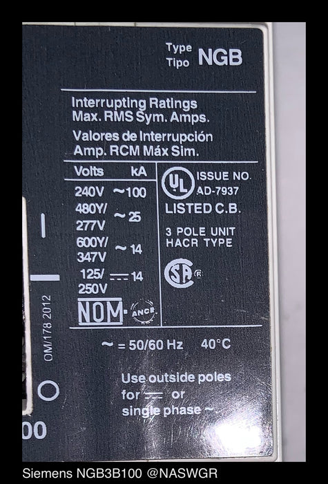 Siemens NGB3B100 Molded Case Circuit Breaker - 100 Amp