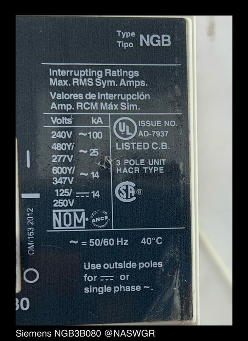 Siemens NGB3B080 Molded Case Circuit Breaker - 80 Amp