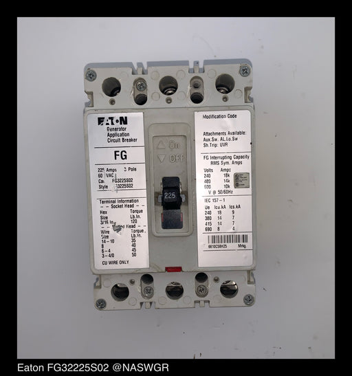 Eaton FG3225S02 Engine Generator Circuit Breaker ~ 225 Amp