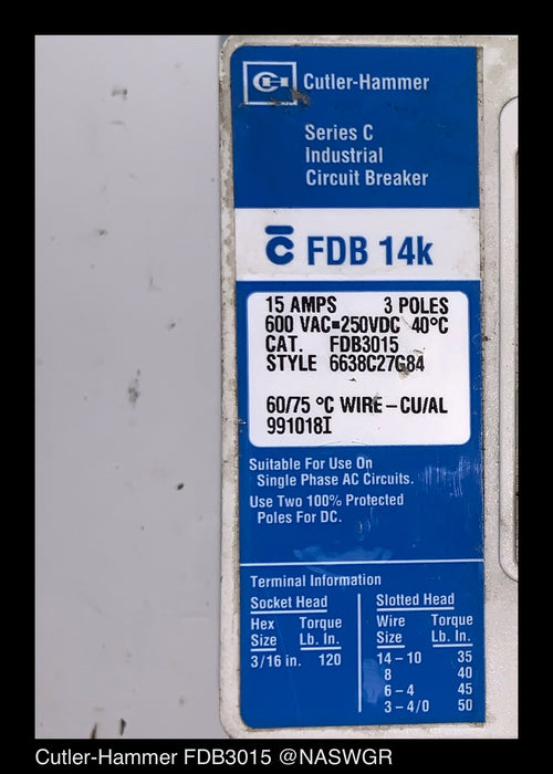 Cutler Hammer / Westinghouse FDB3015 Circuit Breaker ~ 15 Amps