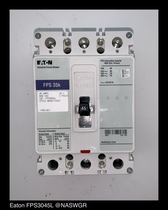 Eaton FPS3045L Molded Case Circuit Breaker - 45 Amp - Unused Surplus