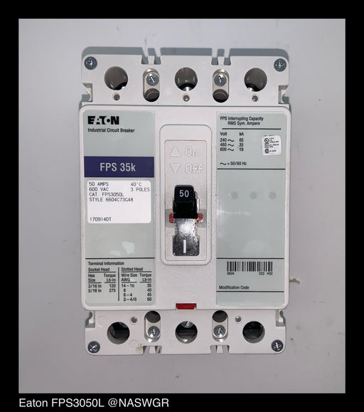 Eaton FPS3050L Molded Case Circuit Breaker - 50 Amp - Unused Surplus