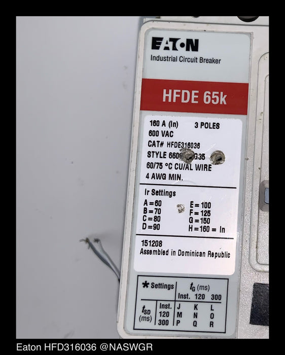 Eaton HFDE316036 Molded Case Circuit Breaker ~ 160 Amp - Unused Surplus
