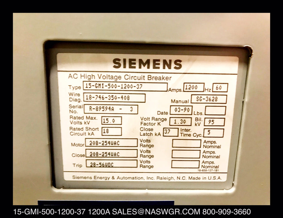 Siemens 15-GMI-500-1200-37 Vacuum Circuit Breaker (E/O,D/O) - 1200 amp