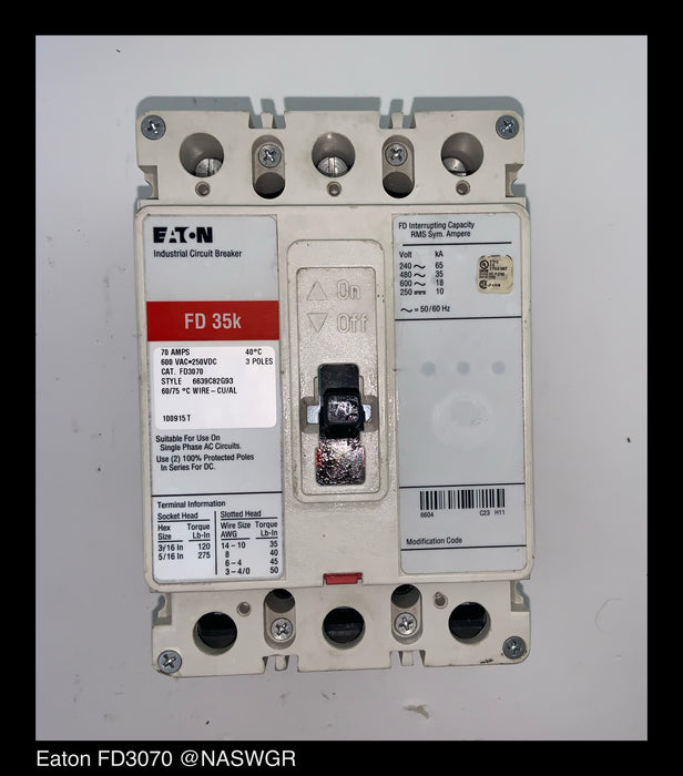 Eaton FD3070 Molded Case Circuit Breaker - 70 Amp