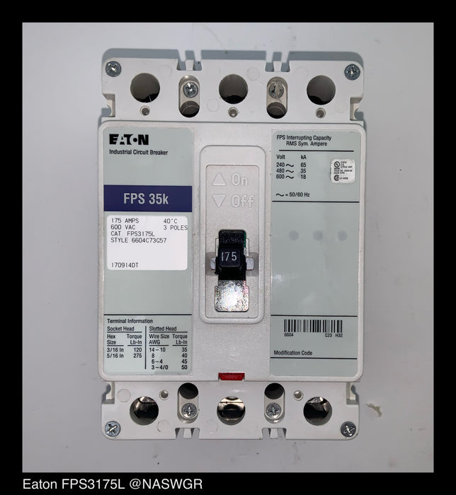 Eaton FPS3175L Molded Case Circuit Breaker - 175 Amp - Unused Surplus