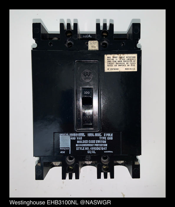 Westinghouse EHB3100NL Circuit Breaker ~ 100 Amp Trip