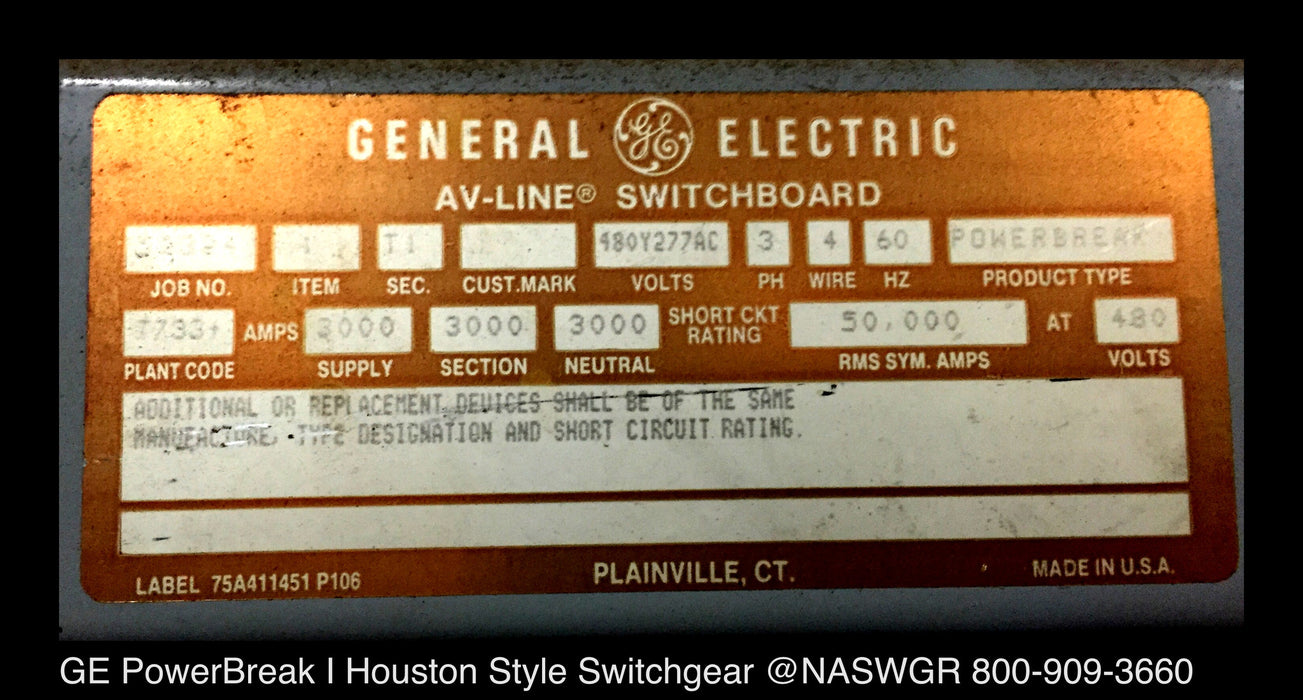 GE PowerBreak I Houston Style Drawout Switchgear 3000 Amp GE AV-Line Switchboard