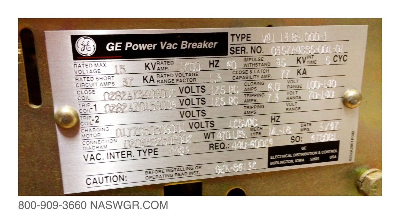 GE VB1-13.8-1000-3 , VB1-13.8-1000  Circuit Breaker 1200 amp ~ GE PowerVac
