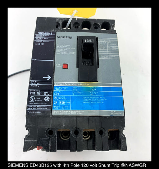 Siemens ED43B125 Molded Case Circuit Breaker with 4th Pole Shunt 120 Volts S01ED60