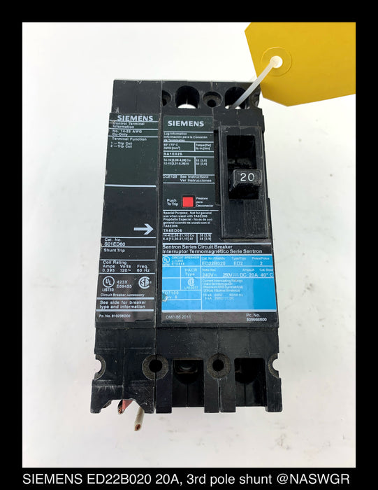Siemens ED22B020 Molded Case Circuit Breaker with 120 volt shunt trip S01ED60