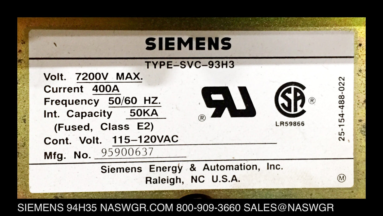 94H35 ~ Siemens 94H3532092A3T Vacuum Contactor 360A 5kV ~ 78-154-525-517