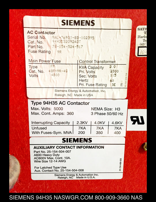 94H35 ~ Siemens 94H3532092A3T Vacuum Contactor 360A 5kV ~ 78-154-525-517