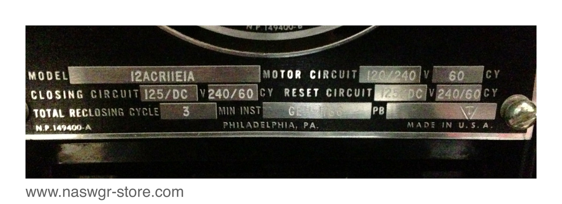 12ACR11E1A , GE 12ACR11E1A Reclosing Relay , Motor Circuit: 120V / 240V 60 Cycle , Closing CircuitL 125/ DC V  240/ 60 Cycle , ResetCircuit: 125/DC V  240/60 Cycle , Total Reclosing Cycle: 3 MIN , INST. GEH-1786 , PN: 12ACR11E1A