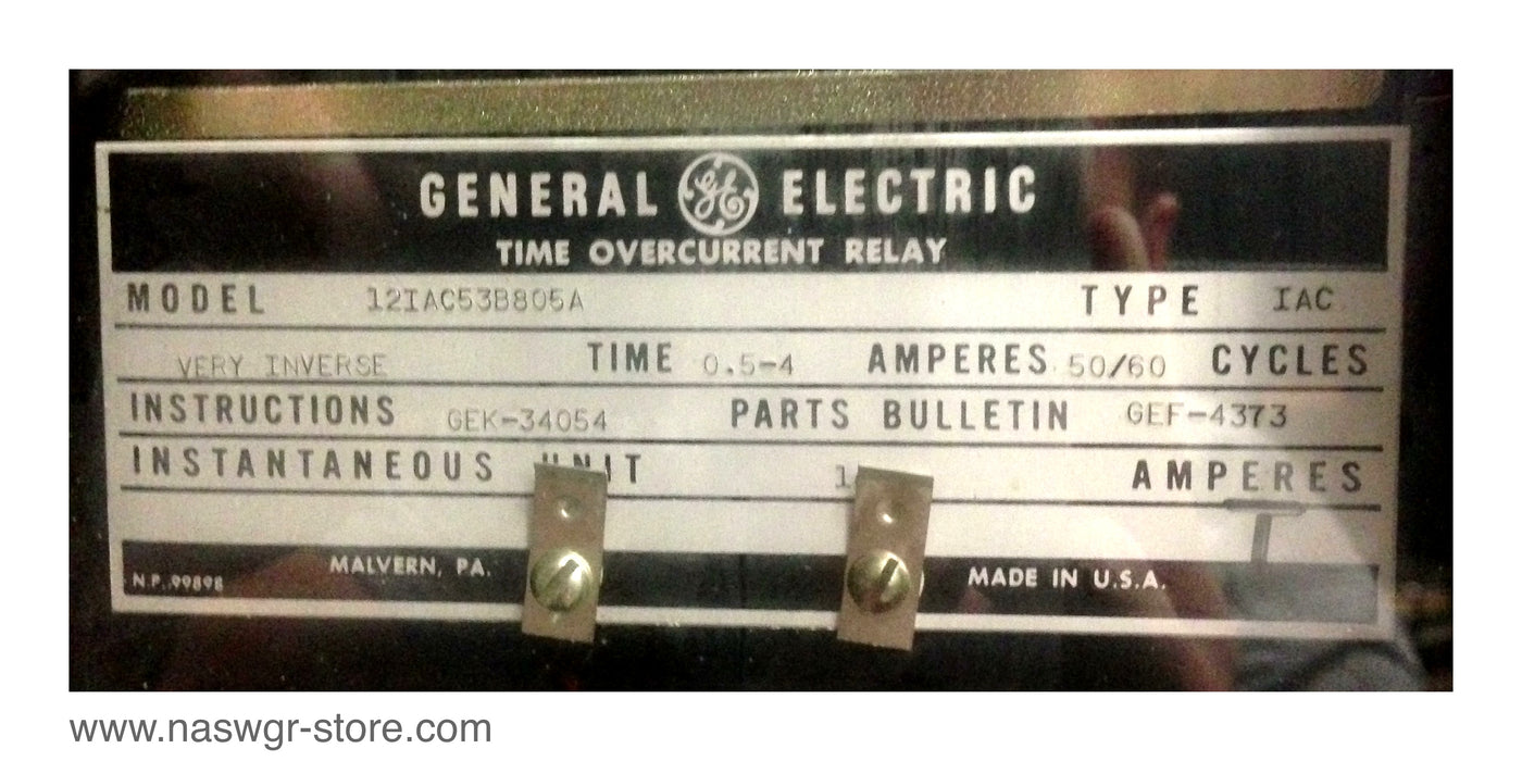 12IAC53B805A , GE 12IAC53B805A Time Overcurrent Relay , Type: IAC , Very Inverse Time: 0.5-4 Amperes , 50/60 Cycles , PN: 12IAC53B805A
