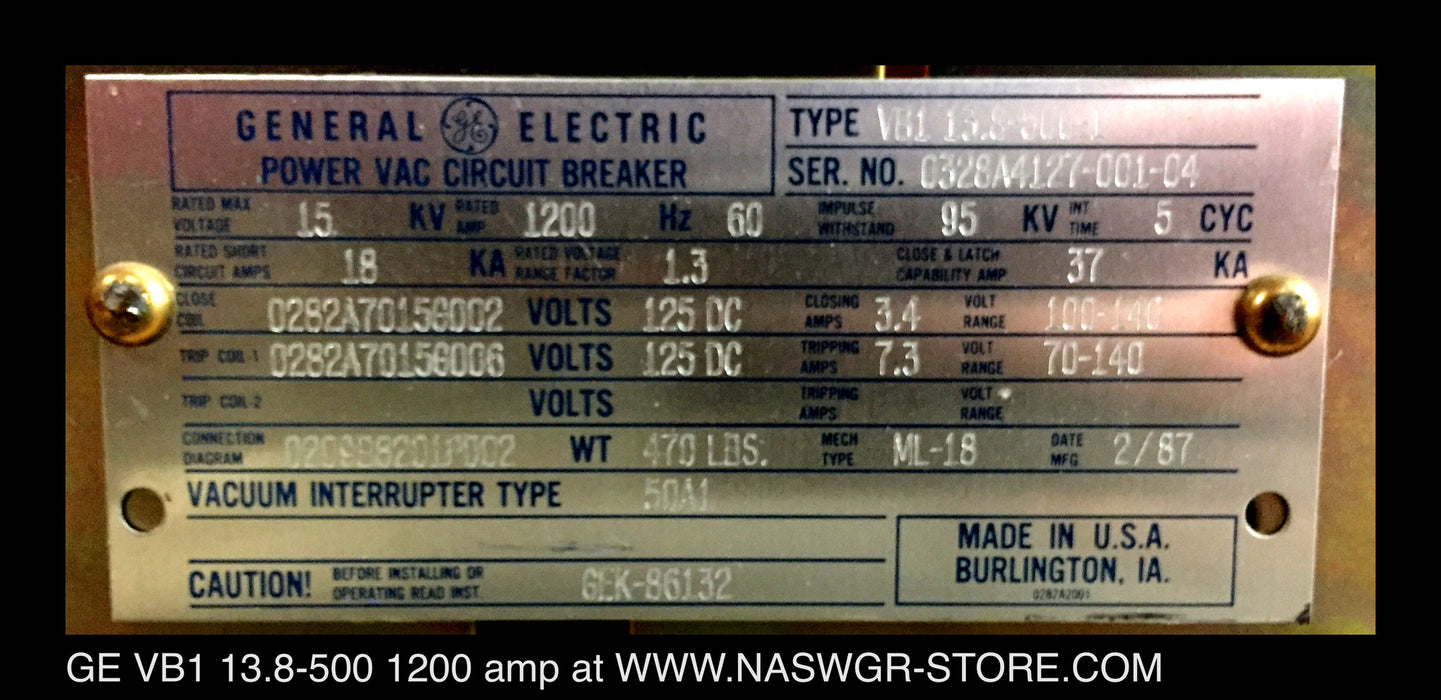 VB1 13.8-500 ~ GE VB1 13.8-500-1 Circuit Breaker 1200 Amp ~ 50A1