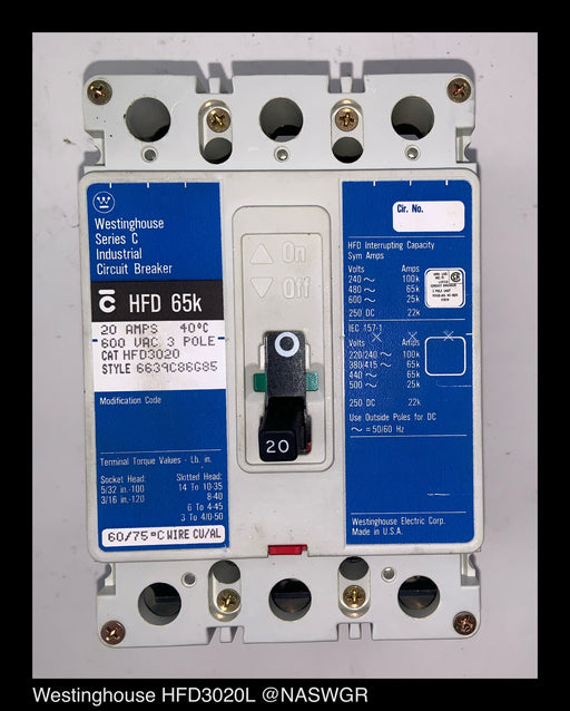 Westinghouse HFD3020L Molded Case Circuit Breaker ~ 20 Amp