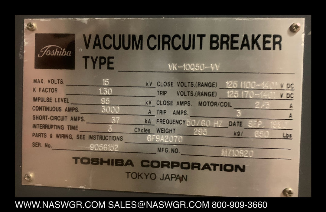 Toshiba VK-10Q50-VV Vacuum Circuit Breaker (E/O,D/O) - 3000 Amp