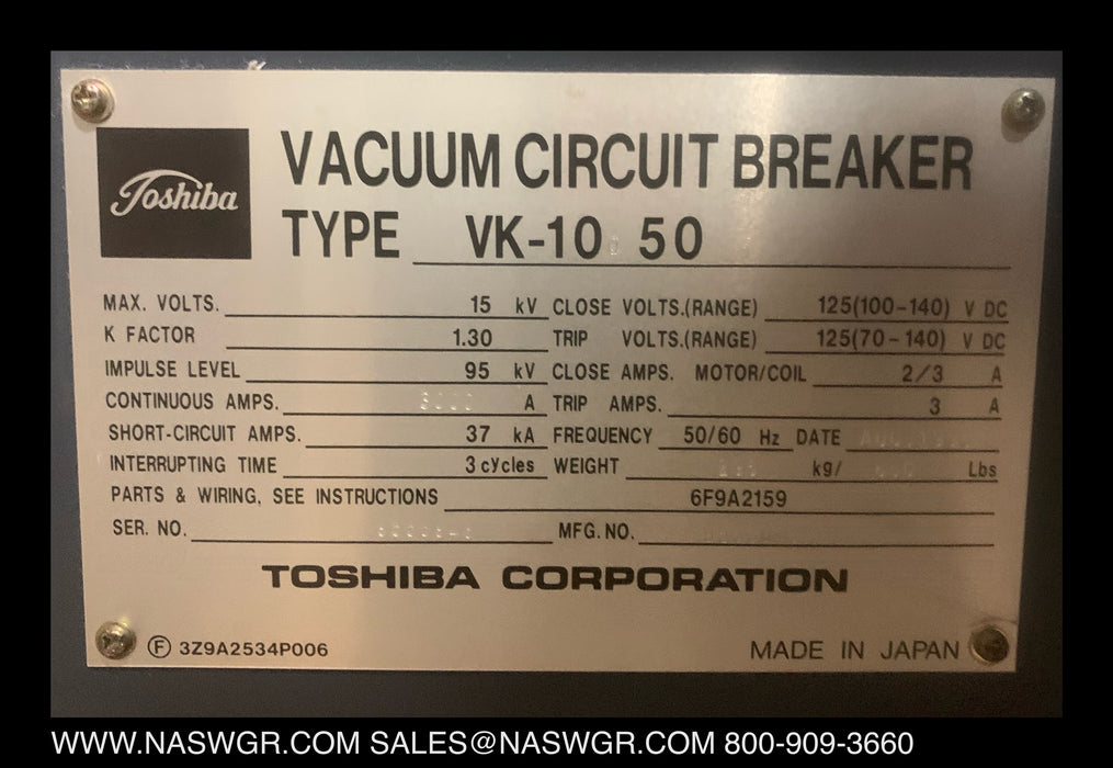 Toshiba VK-10Q50-VV Vacuum Circuit Breaker 3000 amp