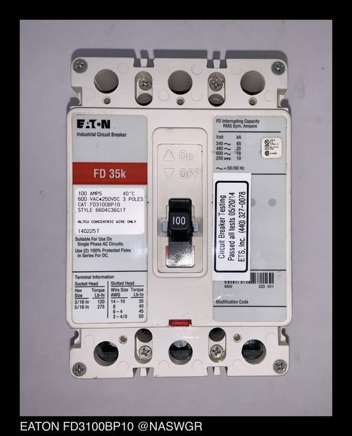 Eaton FD3100BP10 Molded Case Circuit Breaker ~ 100 Amp