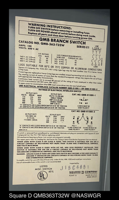 Square D QMB363T32W Switch