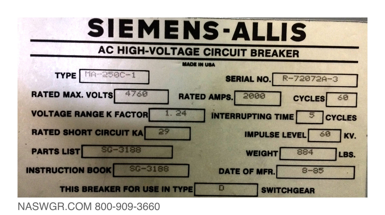 MA-250-C1 , Siemens Allis MA-250-C1 Circuit Breaker 2000 Amp