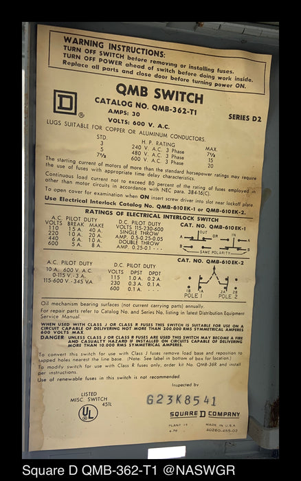 Square D QMB-362-T1 Switch