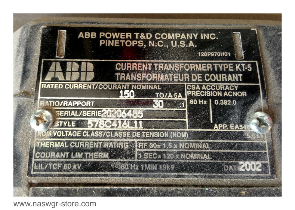 578C416L11 , ABB  578C416L11  Current Transformer , Type: KT-5 , Rated Current/ Courant Nominal 150 TO/A 5A , Ratio: 30:1 , 60Hz , PN: 578C416L11