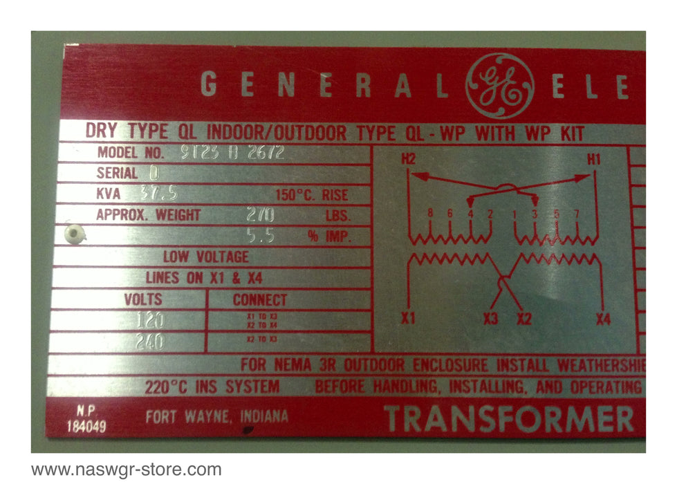 9T23B2672 , GE 9T23B2672 Dry Type QL Indoor Outdoor Transformer , QL/ WP with WP Kit , With Square D H-363 Safety Switch , 100 Amp 480VAC, 600VAC , Single Throw Fusible Switch