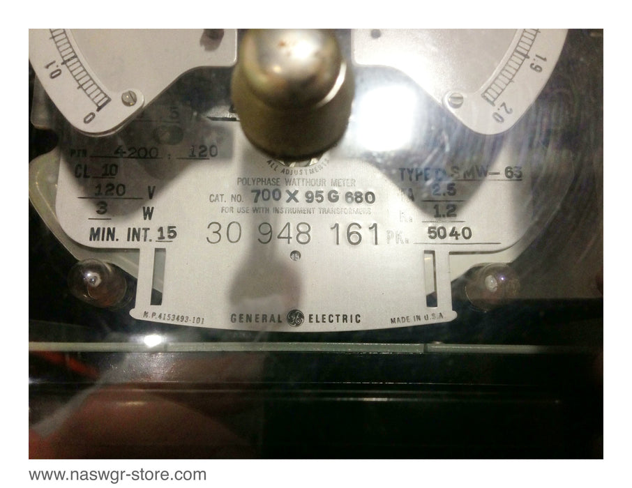 700X95G680 , GE 700X95G680 Polyphase Watthour Meter , CTR 600:5 , PTR 4200:120 , 120 Volt , 3 Wire , Type: DSMW-63 , TA 2.5 , K 1.2 , PK 5040 , 60 Hz , PN: 700X95G680