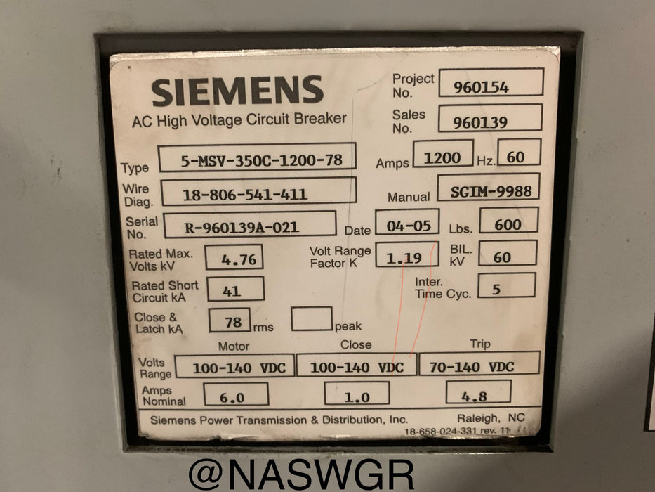 Siemens 5-MSV-350C-1200-78 Vacuum Circuit Breaker