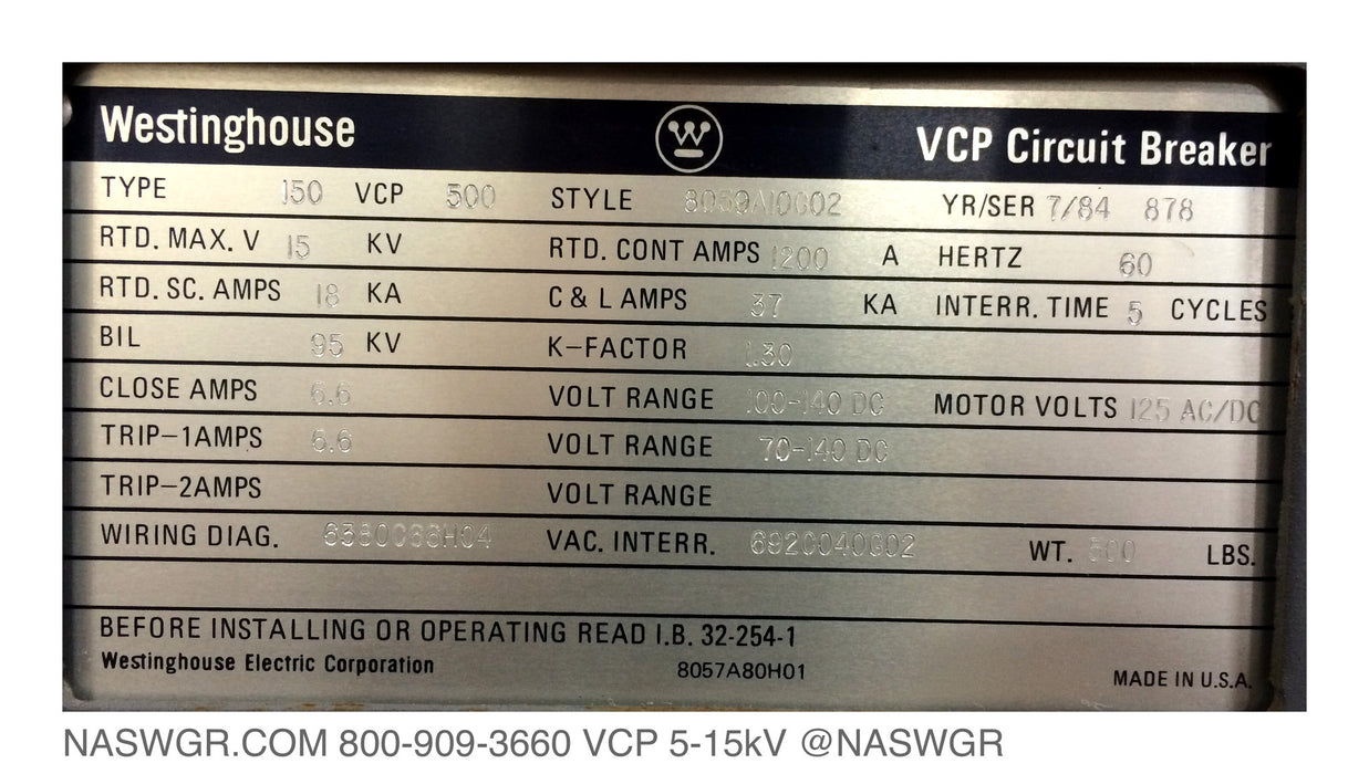 Westinghouse 150VCP500 Circuit Breaker ~ 1200 amp 150VCP500