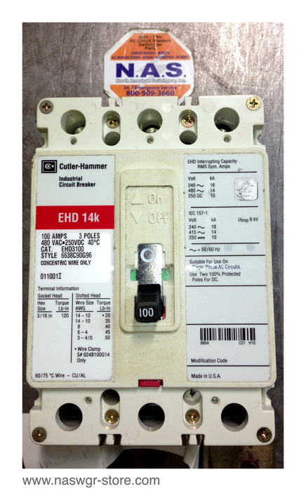 Cutler Hammer EHD3100 Molded Case Circuit Breaker ~ 100 Amp
