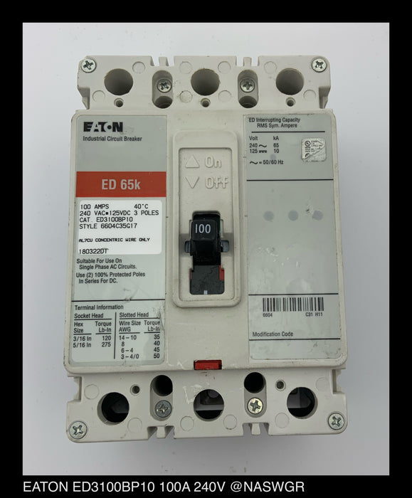 Eaton ED3100BP10 Molded Case Circuit Breaker - 100 Amp